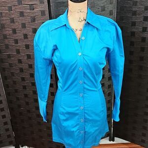 NWT Zara Peacock Blue Button Up Dress Fitted French Cuff Long Sleeve S